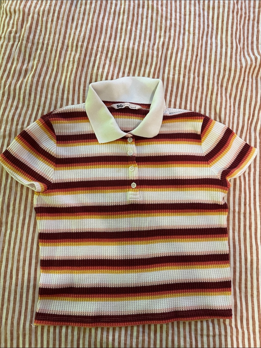 BabyTee L 90s Striped Polo Shirt‎ Red Orange Preppy WaffleKnit Fitted Shrunk Y2K
